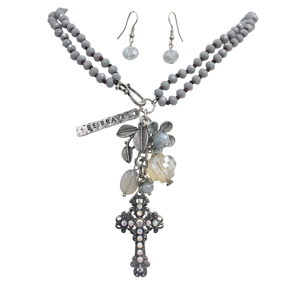 Be Brave Cross Dual Function Necklace Earrings Set